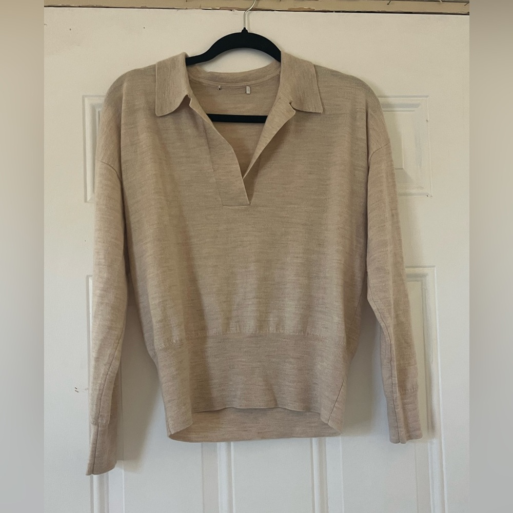 Beige Collared V-Neck Pullover Sweater - image 1